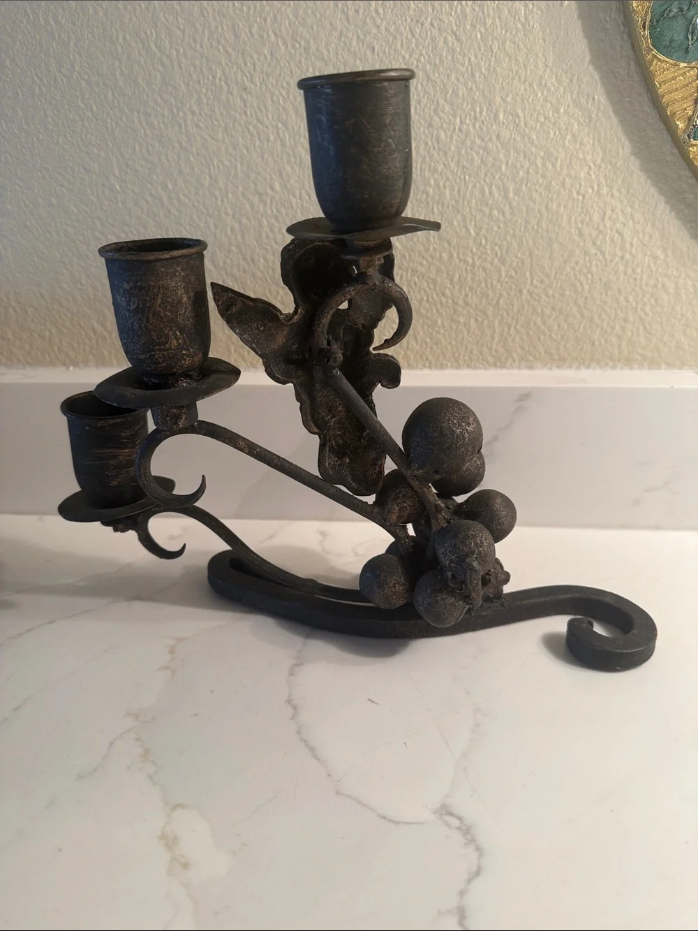Vintage Wrought Iron Cherub Grapes Metal 3-Arm Candelabra